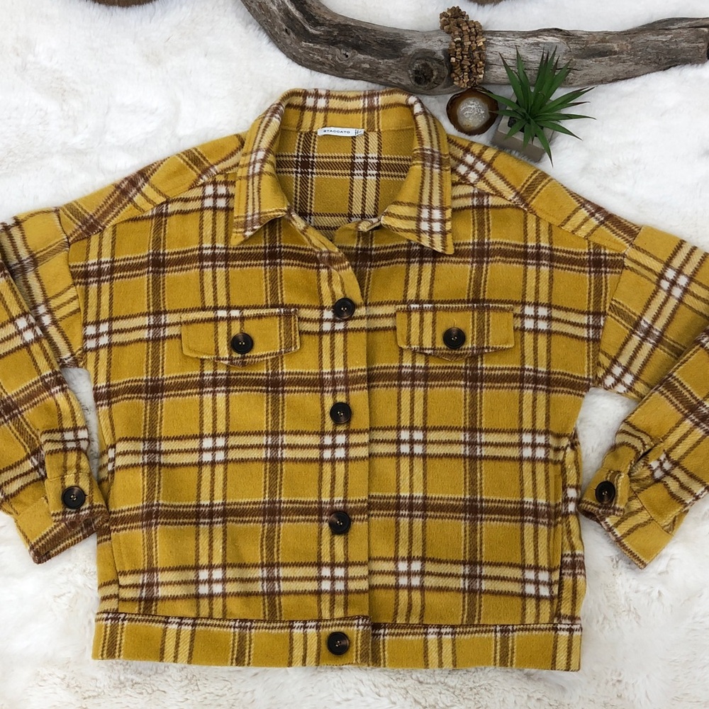 Staccato Mustard Yellow & Brown Plaid Cozy Short Shacket Barn Jacket